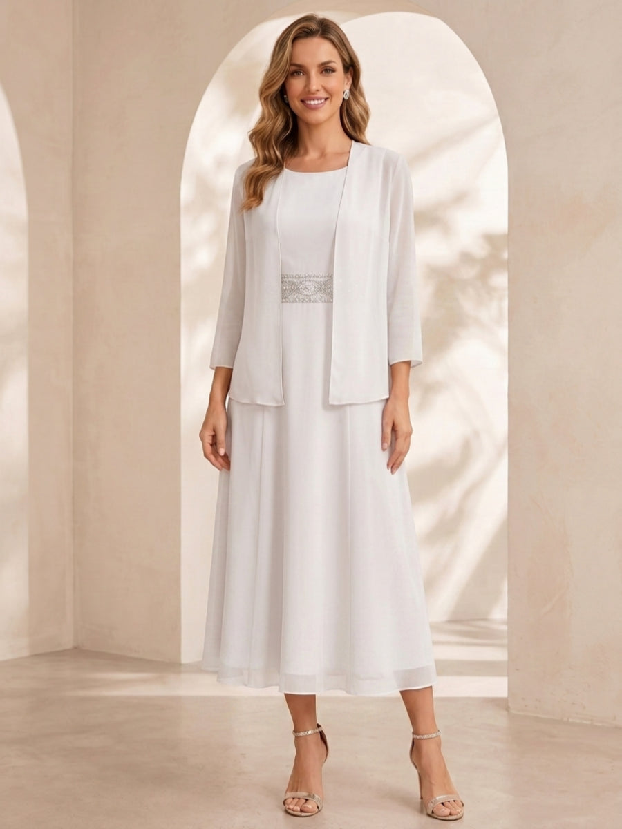 Sheath/Column Jewel Neck Tea Length Mother of the Bride Dresses with Jacket & Beading