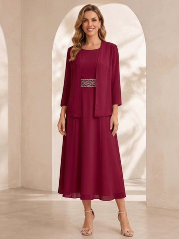 Sheath/Column Jewel Neck Tea Length Mother of the Bride Dresses with Jacket & Beading
