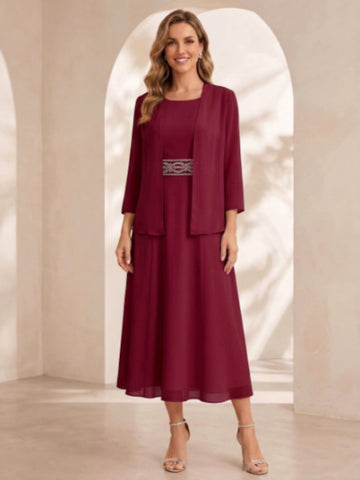 Sheath/Column Jewel Neck Tea Length Mother of the Bride Dresses with Jacket & Beading