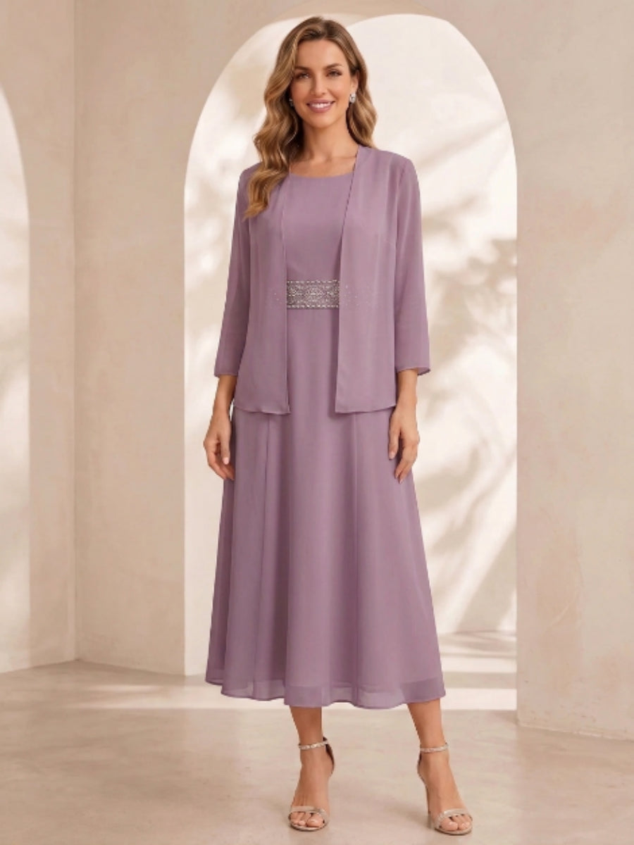 Sheath/Column Jewel Neck Tea Length Mother of the Bride Dresses with Jacket & Beading