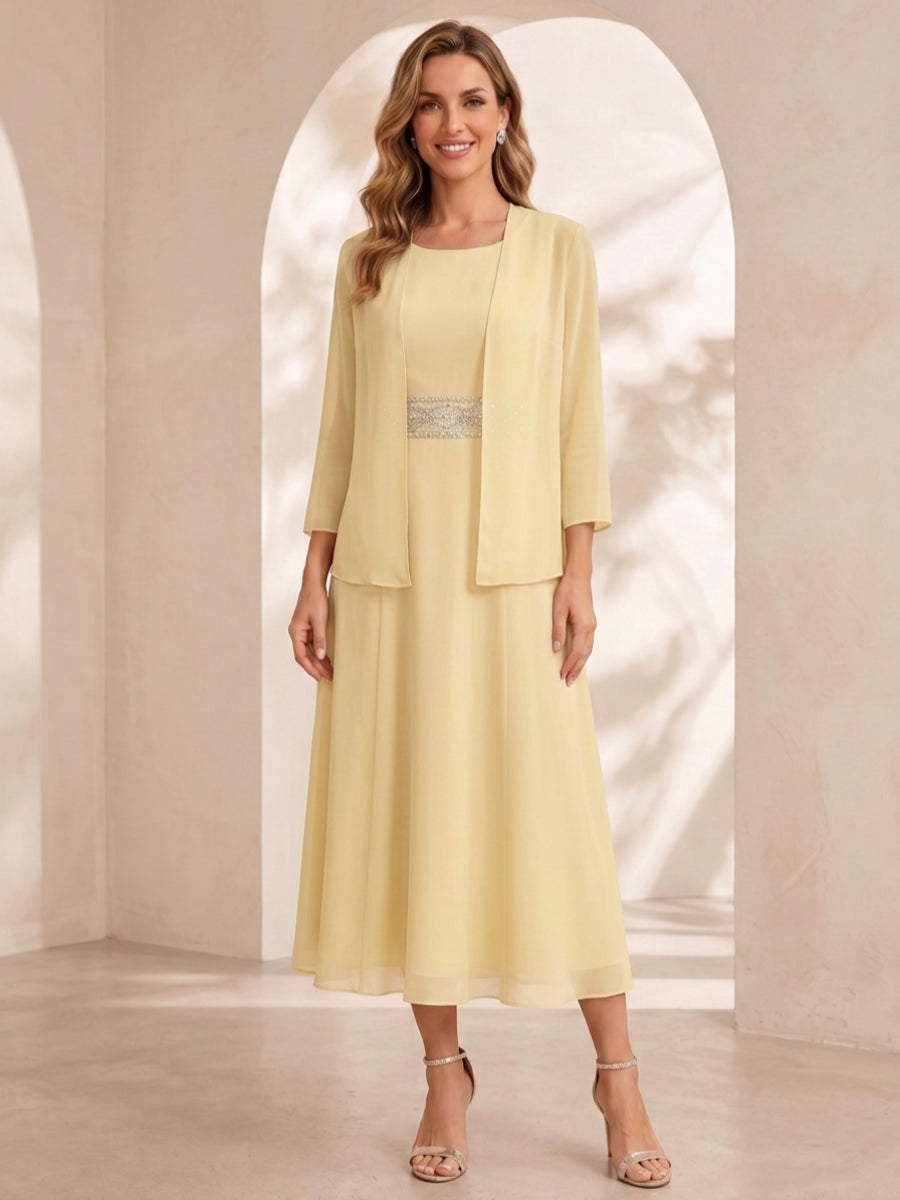 Sheath/Column Jewel Neck Tea Length Mother of the Bride Dresses with Jacket & Beading