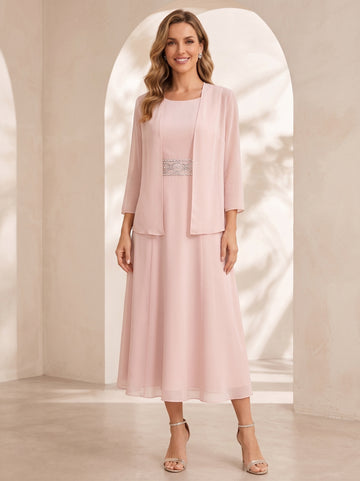 Sheath/Column Jewel Neck Tea Length Mother of the Bride Dresses with Jacket & Beading