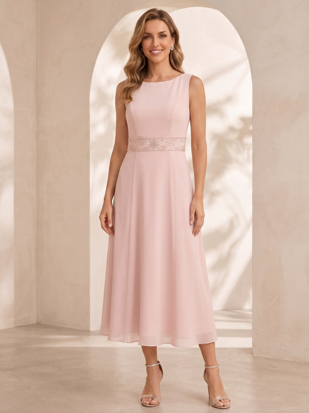 Sheath/Column Jewel Neck Tea Length Mother of the Bride Dresses with Jacket & Beading