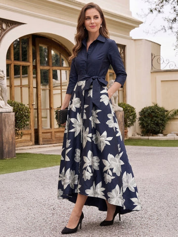 A-Line/Princess Shirt Collar 3/4 Sleeves Floor Length Printed Flower Mother of the Bride Dresses