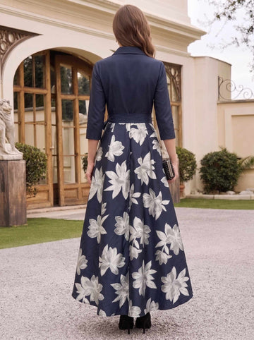 A-Line/Princess Shirt Collar 3/4 Sleeves Floor Length Printed Flower Mother of the Bride Dresses