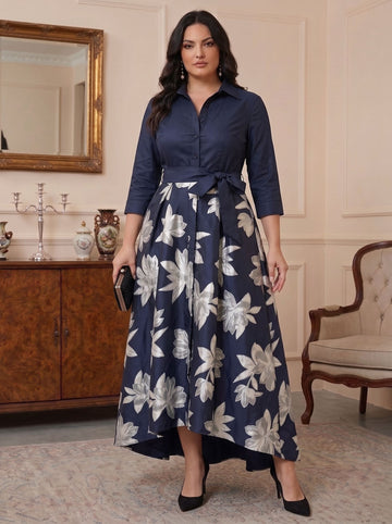 A-Line/Princess Shirt Collar 3/4 Sleeves Floor Length Printed Flower Mother of the Bride Dresses (Copy)