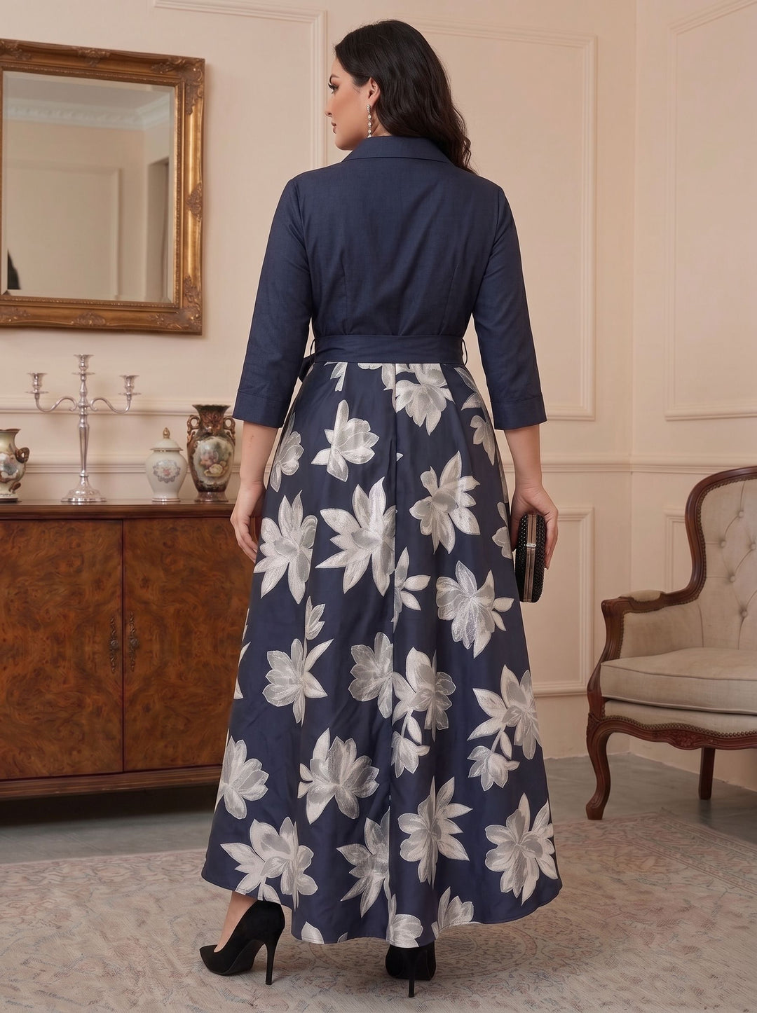 A-Line/Princess Shirt Collar 3/4 Sleeves Floor Length Printed Flower Mother of the Bride Dresses (Copy)