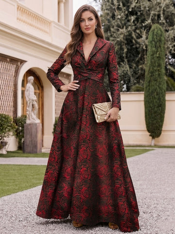A-Line/Princess  Floral Print Red Rose Mother of the Bride & Groom Dresses with V-Neck Long Sleeves