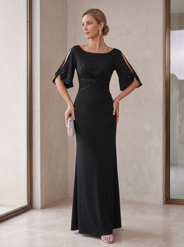 Sheath/Column Round Neck Half Sleeves Floor Length Black Elegant Mother of the Bride Dresses