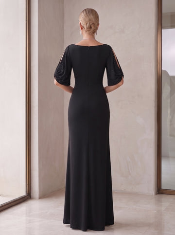 Sheath/Column Round Neck Half Sleeves Floor Length Black Elegant Mother of the Bride Dresses