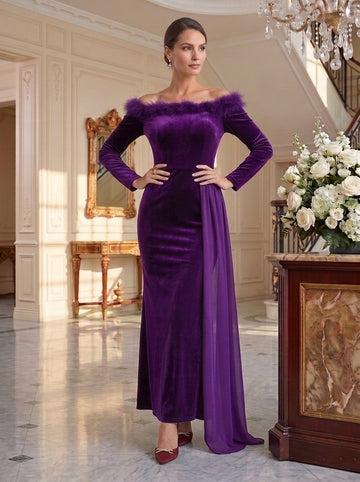 Sheath/Column Off-the-Shoulder Long Sleeves Asymmetrical Mother of the Bride & Groom Dresses with Feather