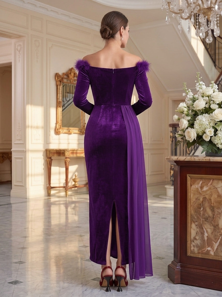 Sheath/Column Off-the-Shoulder Long Sleeves Asymmetrical Mother of the Bride & Groom Dresses with Feather