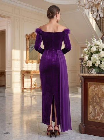 Sheath/Column Off-the-Shoulder Long Sleeves Asymmetrical Mother of the Bride & Groom Dresses with Feather