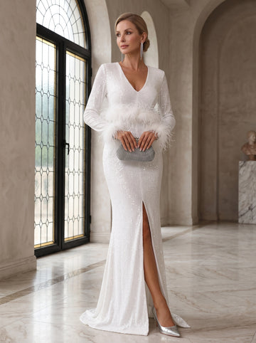 Sheath/Column V-Neck Long Sleeves Floor Length Mother of the Bride & Groom Dresses with Sequins