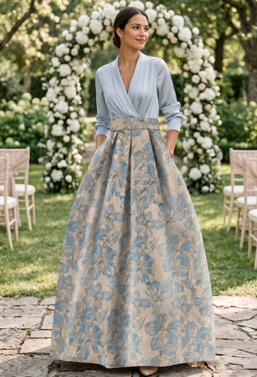 Mondressy's A-line floral printed mother of the bride & groom gown with three-quarter sleeves