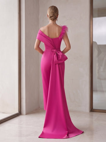 Sheath/Column Off-the-Shoulder Short Sleeves Ankle-Length Mother of the Bride Dresses with Watteau Train