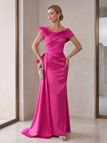 Sheath/Column Off-the-Shoulder Short Sleeves Ankle-Length Mother of the Bride Dresses with Watteau Train