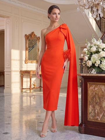 Sheath/Column One-Shoulder Tea-Length Unique Mother of the Bride Dresses with Watteau Train & Feather