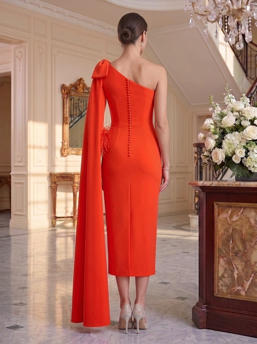 Sheath/Column One-Shoulder Tea-Length Unique Mother of the Bride Dresses with Watteau Train & Feather