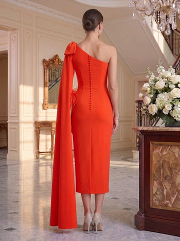 Sheath/Column One-Shoulder Tea-Length Unique Mother of the Bride Dresses with Watteau Train & Feather