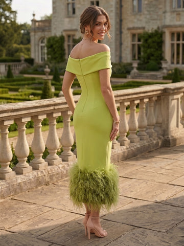 Sheath/Column Off-the-Shoulder Short Sleeves Tea-Length Unique Cocktail Dresses with Feathers