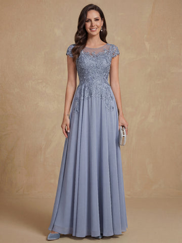 A-Line/Princess Scoop Neck Short Sleeves Floor-Length Mother of the Bride Dresses with Appliques