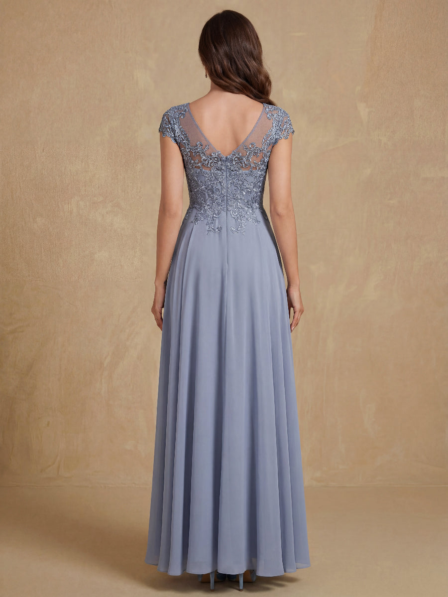 A-Line/Princess Scoop Neck Short Sleeves Floor-Length Mother of the Bride Dresses with Appliques
