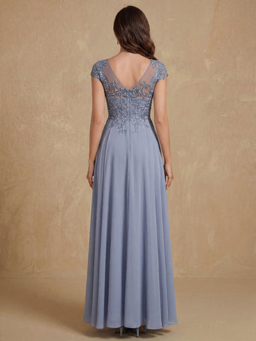 A-Line/Princess Scoop Neck Short Sleeves Floor-Length Mother of the Bride Dresses with Appliques