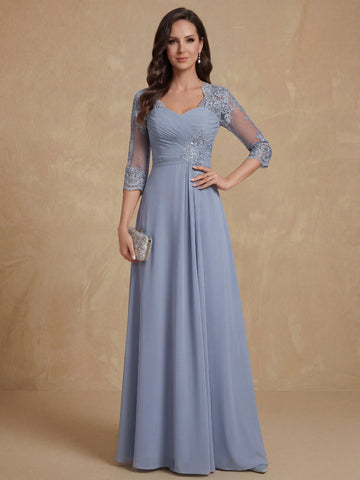 A-Line/Princess Sweetheart Neck 3/4 Length Sleeves Floor-Length Mother Of The Bride Dresses With Lace, Ruffles & Appliques