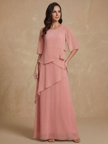 A-Line/Princess Scoop Neck Half Sleeves Floor-Length Mother of the Bride Dresses with Ruffles