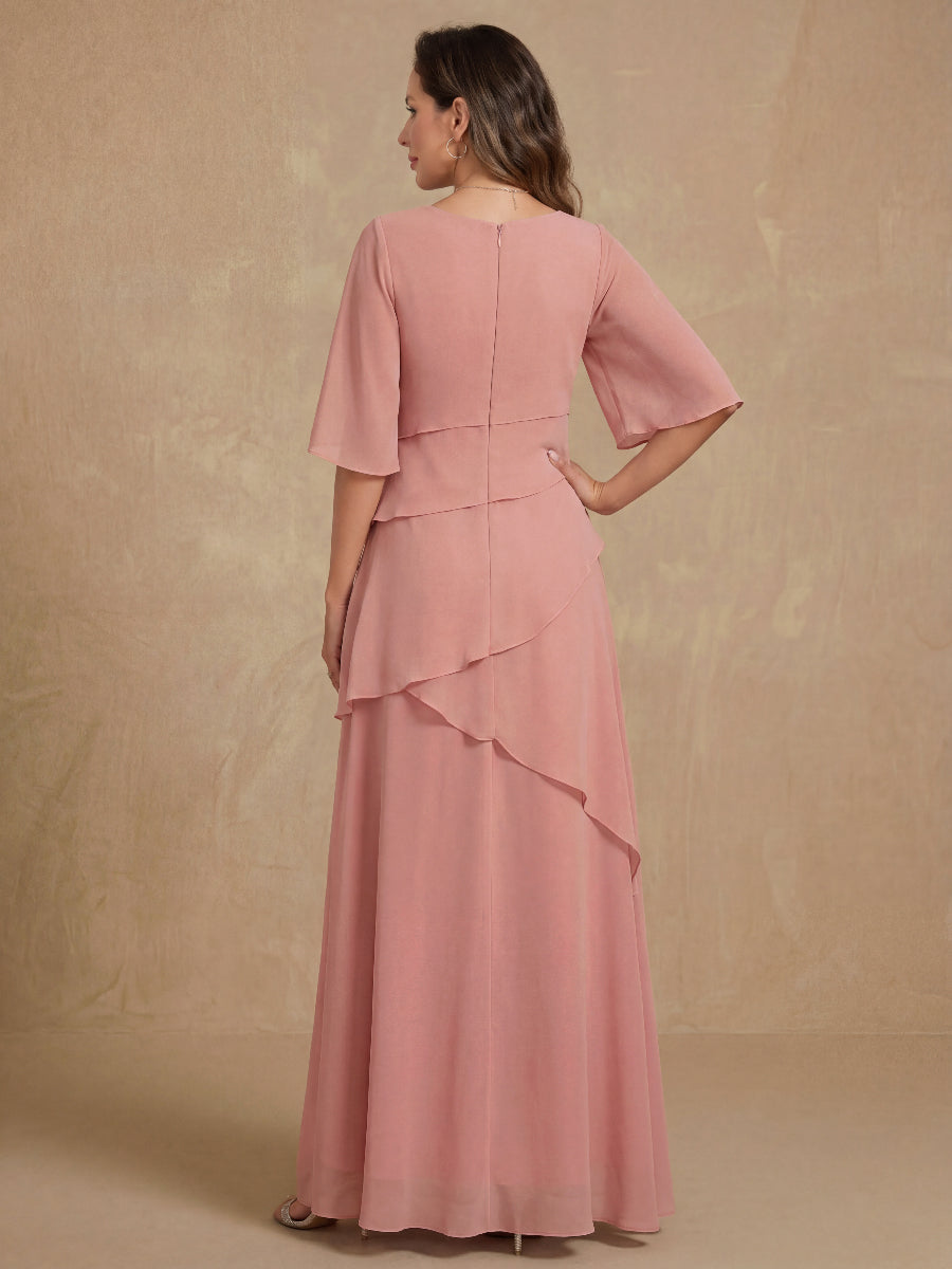 A-Line/Princess Scoop Neck Half Sleeves Floor-Length Mother of the Bride Dresses with Ruffles