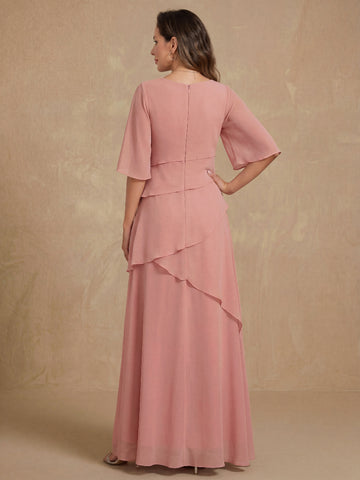 A-Line/Princess Scoop Neck Half Sleeves Floor-Length Mother of the Bride Dresses with Ruffles