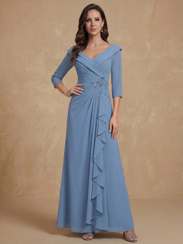 Sheath/Column V-Neck 3/4 Length Sleeves Floor-Length Unique Mother of the Bride Dresses with Ruffles & Appliques