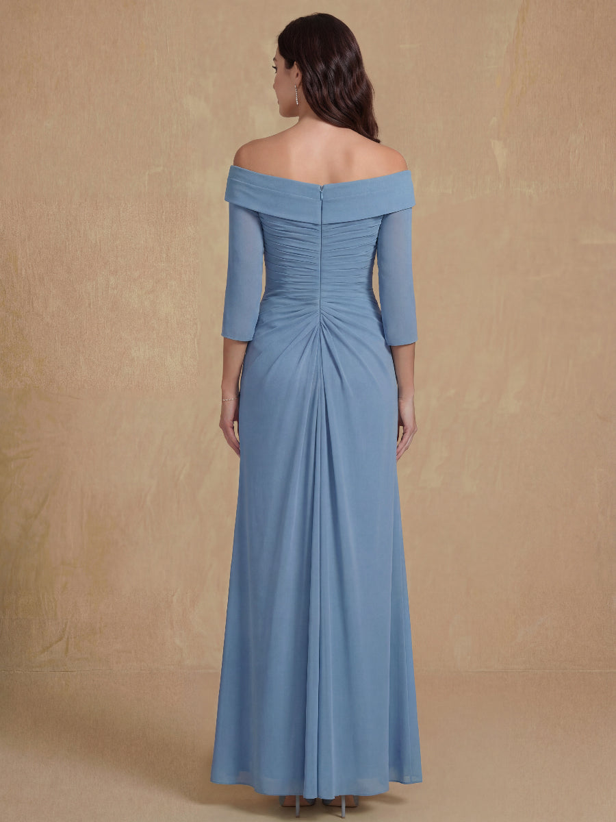 Sheath/Column V-Neck 3/4 Length Sleeves Floor-Length Unique Mother of the Bride Dresses with Ruffles & Appliques
