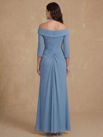 Sheath/Column V-Neck 3/4 Length Sleeves Floor-Length Unique Mother of the Bride Dresses with Ruffles & Appliques