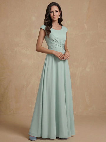A-Line/Princess Scoop Neck Short Sleeves Floor-Length Mother of the Bride Dresses with Ruffles