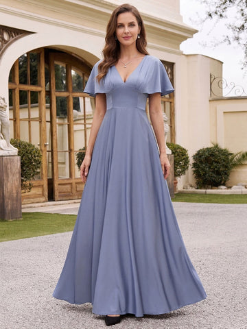 A-Line/Princess V-Neck Short Sleeves Floor-Length Mother of the Bride long Dresses with Ruffles