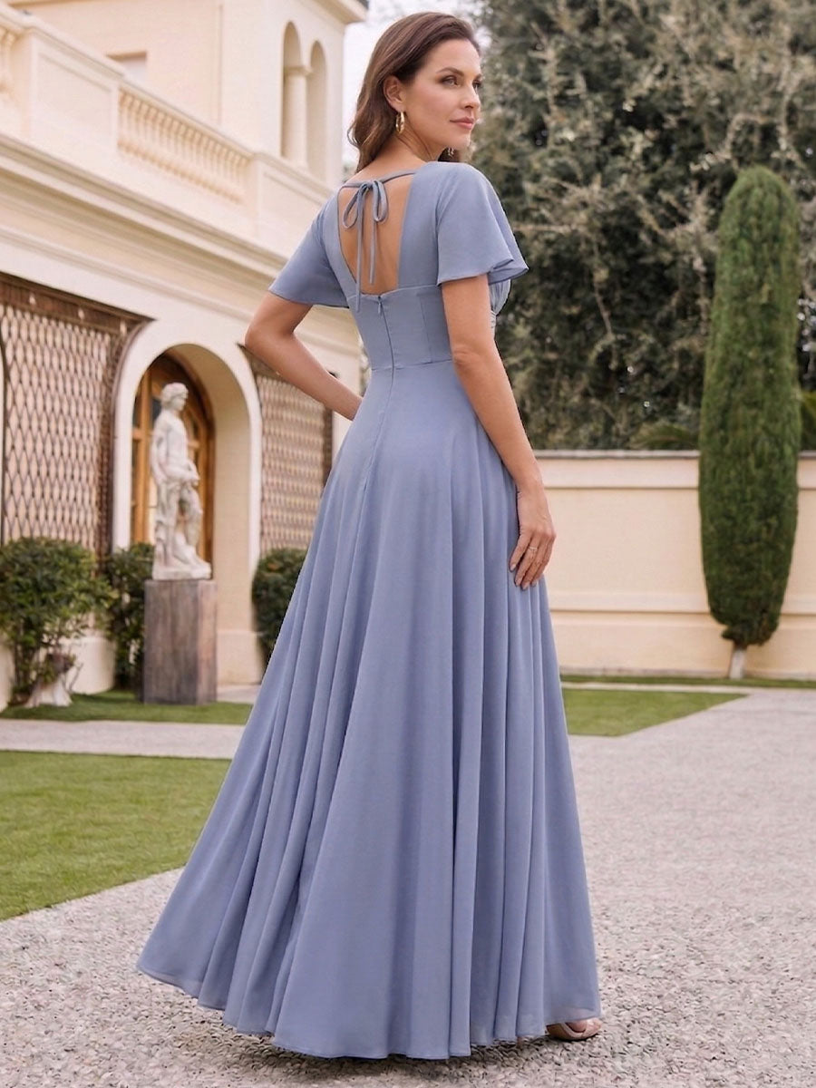 A-Line/Princess V-Neck Short Sleeves Floor-Length Mother of the Bride long Dresses with Ruffles