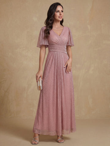 A-Line/Princess V-Neck Short Sleeves Ankle-Length Unique Mother of the Bride Dresses with Ruffles