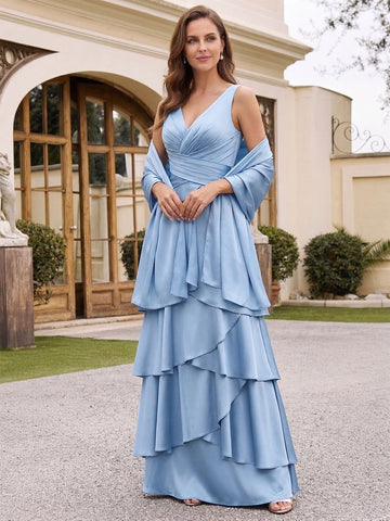 A-Line/Princess V-Neck Sleeveless Floor-Length Mother of the Bride Dresses With Ruffles & Wrap