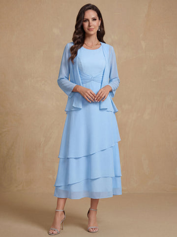 A-Line/Princess Scoop Neck 2 Pcs Tea-Length Mother of the Bride Dresses with Ruffles & jacket