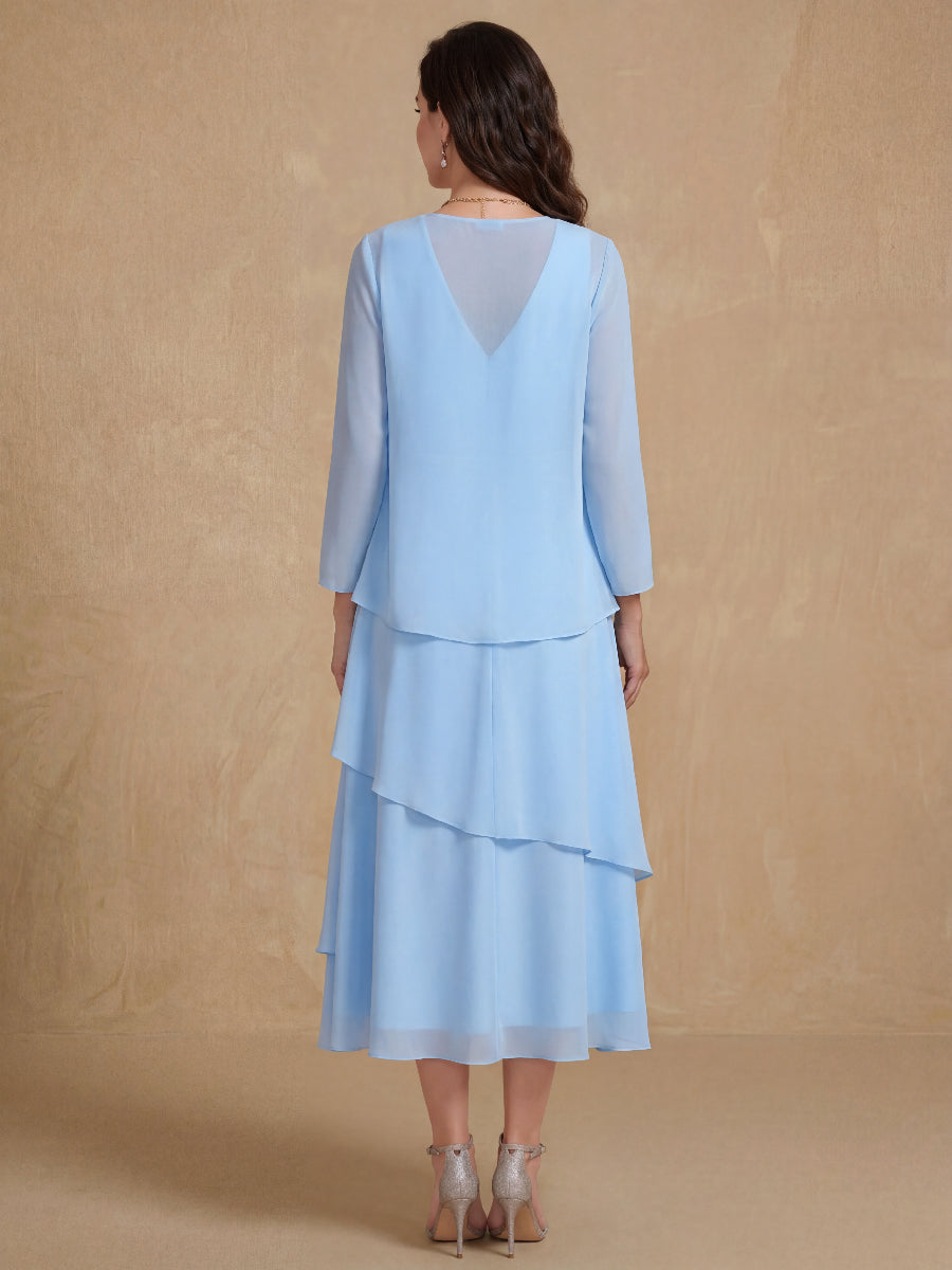 A-Line/Princess Scoop Neck 2 Pcs Tea-Length Mother of the Bride Dresses with Ruffles & jacket