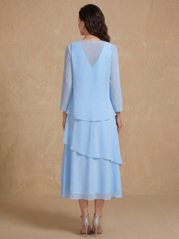 A-Line/Princess Scoop Neck 2 Pcs Tea-Length Mother of the Bride Dresses with Ruffles & jacket