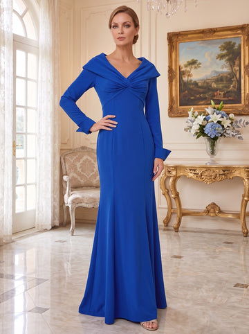 Mermaid/Trumpet V-Neck Long Sleeves Floor-Length Mother of the Bride Dresses with Ruffles