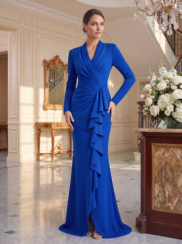 Mermaid/Trumpet V-Neck Long Sleeves Floor-Length Mother of the Bride Dresses with Split Side