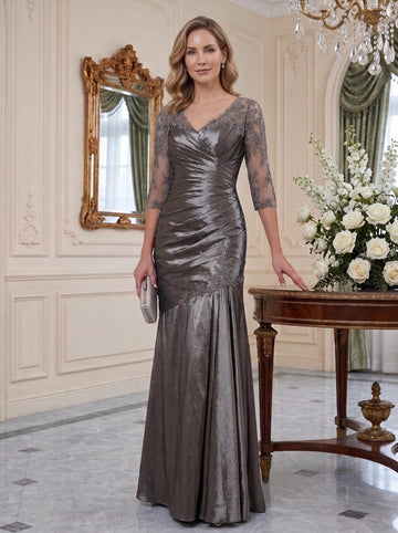 Trumpet/Mermaid V-Neck 3/4 Length Sleeves Floor-Length Unique Mother of the Bride Dresses With  Appliques & Ruching