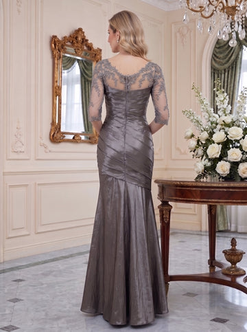 Trumpet/Mermaid V-Neck 3/4 Length Sleeves Floor-Length Unique Mother of the Bride Dresses With  Appliques & Ruching