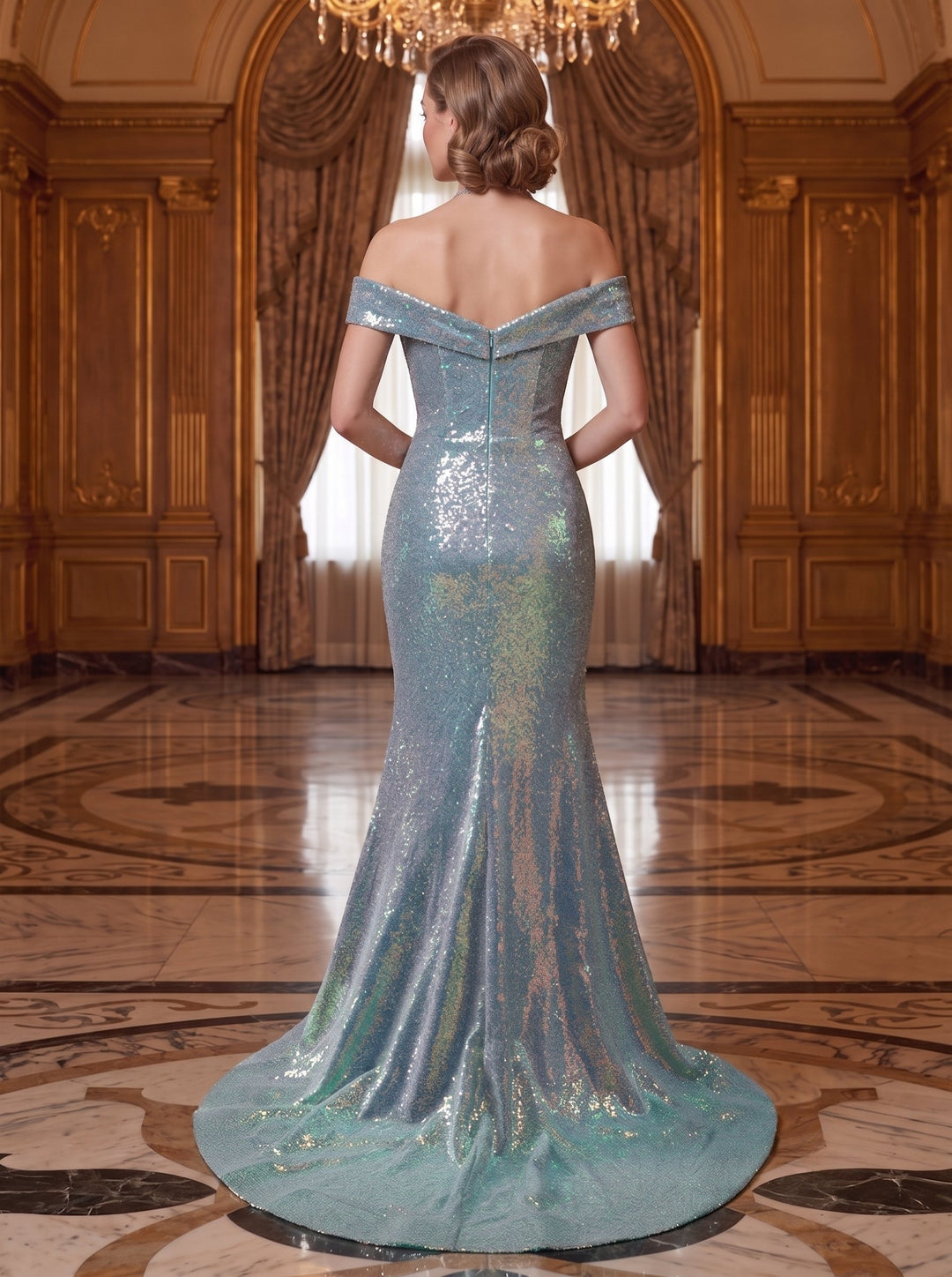 Mermaid/Trumpet Off-the-Shoulder Sleeveless Floor-Length Long Evening Dresses with Split Side,Sequins & Ruffles