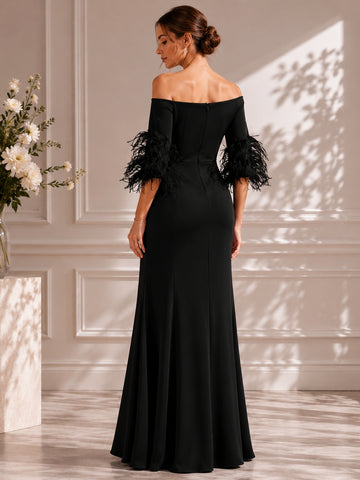 Trumpet/Mermaid Feather Evening Dresses with One Shoulder Long Sleeves Chiffon