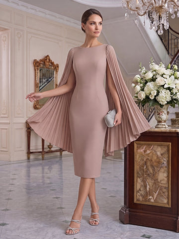 Sheath/Column Scoop Pleated Long Sleeves Tea Length Mother of the Bride & Groom Dresses